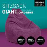 LUMALAND Sitzsack GIANT aus der Cord-Reihe, 135 x 100 cm, weinrot, soft & waschbar, robuster Cord-Stoff, ideal für Indoor-Bereich.