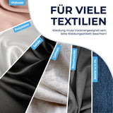 CLEANmaxx Hemdenbügler PRO mit Hosenaufsatz zeigt vielseitige Textilien wie Viskose, Seide, Leinen, Baumwolle und Jeans.