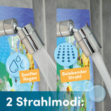 fredis Kinderdusche Welt mit 2 Strahlmodi für sanften Regen und belebenden Strahl, ideal für kindgerechtes Duschen.