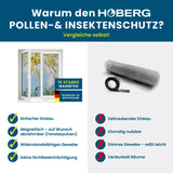 HOBERG Insekten- & Pollenschutzgitter mit Magnetbefestigung für Fenster, einfacher Einbau, starke Magnete, widerstandsfähiges Gewebe, klare Sicht.