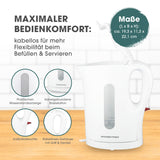 GOURMETmaxx Wasserkocher 1l - weiß/grau mit kabellosem Design, Wasserstandsanzeige, roter Betriebsanzeige und kabelgebundener Basisstation.