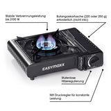 EASYmaxx Gaskocher tragbar 2500W schwarz mit stufenloser Hitze-Regulierung und automatischer Piezozündung für Camping oder Notfälle.