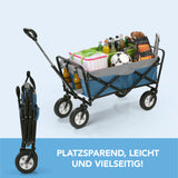 EASYmaxx Bollerwagen faltbar - blau/grau, stabiler Stahlrohrrahmen, witterungsbeständig, 360° drehbare Räder, teleskopischer Griff, max. 80 kg Tragkraft.