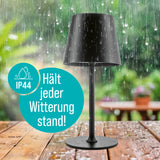 EASYmaxx LED-Akku-Tischleuchte kabellos, dimmbar, warmweiß, IP44 wetterfest für In- & Outdoor, Akku bis 40 Std., USB-C ladbar.