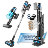 CLEANmaxx AeroTec 500 Staubsauger mit Absaugstation in Grau/Silber, kabellos, mit automatischer Entleerung und Zubehör.