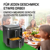 GOURMETmaxx FryUp Vertikale Doppelkammer-Heißluftfritteuse 10 L für gleichzeitiges Garen mehrerer Gerichte.