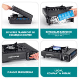 EASYmaxx Gaskocher tragbar 2500W schwarz mit stabilem Metallgehäuse, Piezozündung, stufenloser Flammenregulierung und Transportkoffer.