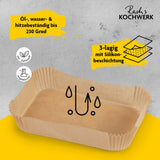RACHS KOCHWERK Backpapierschalen für Heißluftfritteusen 2er-Set, hitzebeständig bis 230°, 3-lagig mit Silikonbeschichtung.