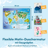 fredis Kinderdusche Welt mit flexiblem Motiv, Saugnäpfen, kindgerechtem Design für stressfreies Duschen und einfache Montage, 30x40 cm Größe.