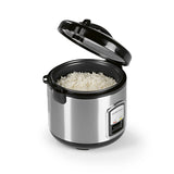 GOURMETmaxx Reiskocher mit Gartopf inkl. Dampfkorb/Reislöffel/Messbecher mit offenem Deckel und gekochtem Reis im Innentopf.