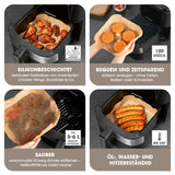 GOURMETmaxx Backpapierschalen für Heißluftfritteusen (5–6 l) – 100 Stück, hitzebeständig, antihaftbeschichtet, öl- und wasserresistent, sauberer Frittiergenuss.