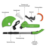 EASYmaxx Akku-Rasentrimmer - Grün mit Teleskopstange, Kabelbindern, Trimmerfäden, Schutzblende und höhenverstellbarem Griff.