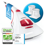 CLEANmaxx Milbensauger Vibration mit 2 Ersatz-EPA-Filtern, entfernt 99,9 % Milben durch UV-C-Licht und starke Saugkraft.