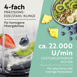 GOURMETmaxx Mr. Magic Power 400 Pro mit Zubehörset M mit 4-fach Edelstahklinge und 22.000 U/min Motor für feine Shakes und Smoothies.