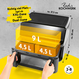 GOURMETmaxx Heißluft-Fritteuse Vario-Doppelkammer 9l mit Dual-Zone für gleichzeitiges Garen und 9-Liter-Kapazität.
