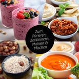 GOURMETmaxx Mr. Magic Power 400 Pro mit Zubehörset M zeigt Smoothies, Dips, Nussmus und Pestos zum Pürieren und Zerkleinern.