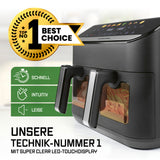 GOURMETmaxx AirGenius 2-Kammer-Heißluftfritteuse 2 x 4,5 l mit Color-Touchscreen und schneller, leiser, intuitiver Bedienung.