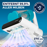 CLEANmaxx Milbensauger Rotation entfernt 99,9 % Milben mit UV-C-Licht 270 nm, ideal für Allergiker, weiß/blau.