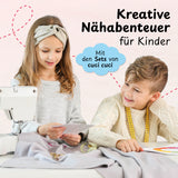 cuci cuci Näh-Baukastenset Motiv: Einhorn Elly mit Kindern beim Nähen, kreatives Nähabenteuer für Kinder ab 5 Jahren.