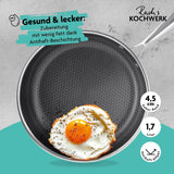 Rachs KOCHWERK Edelstahlpfanne mit Wabenstruktur Ø24cm, antihaft, alle Herdarten, gebratenes Spiegelei sichtbar.