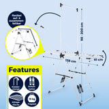 EASYmaxx Falt-Wäscheständer 1800: Platzsparender Ständer mit klappbarer Kleiderstange, 18 m Trockenlänge, Höhe 98–200 cm, Breite 138 cm, Tiefe 61 cm und bis zu 15 kg belastbar. Mit Schuhhaltern, Ablage und beschrifteten Maßen in der Abbildung.