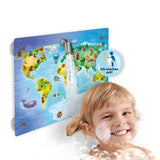 fredis Kinderdusche Welt mit bunter Weltkarten-Motivplatte, verstellbar und kinderfreundlich für stressfreies Duschen.