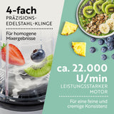 GOURMETmaxx Mr. Magic Power 400 Pro mit Zubehörset M zeigt Edelstahl-Klingen und 22.000 U/min Motor für feine Mixergebnisse.