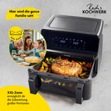 GOURMETmaxx Heißluft-Fritteuse Vario-Doppelkammer 9l mit digitalem Display und XXL-Zone für große Portionen.
