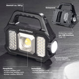 EASYmaxx Solar-Arbeitsleuchte mobil - Schwarz mit Akku, Solarpanel, USB-C-Ladung und 3-in-1 COB-Strahler, XPG-Taschenlampe, 6 Leuchtmodi.