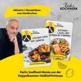 Rachs KOCHWERK Heißluft-Fritteuse Doppelkorb 2x 3,5l schwarz mit Rezeptideen für Knusper-Huhn und Zitronen-Lachs.