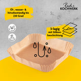 RACHS KOCHWERK Backpapierschalen für Heißluftfritteusen 2–5 l, 3-lagig mit Silikon, öl- und hitzebeständig bis 230 Grad, 50 Stück.