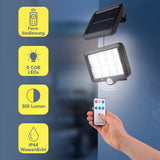 EASYmaxx Solar-Strahler mit Bewegungsmelder schwarz, 8 COB-LEDs, 300 Lumen, Fernbedienung, IP44 wasserdicht, Solarpanel an Hauswand montiert.
