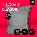 LUMALAND XXL Microvelours Sitzsack 380L, 140x180 cm, grau, wasserfest, indoor, 2in1 Sitz- und Liegekomfort, abziehbarer Bezug.