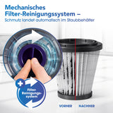 CLEANmaxx Akku-Zyklon-Staubsauger anthrazit/lila mit mechanischem Filter-Reinigungssystem für einfache und effektive Filterpflege.
