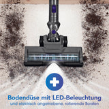 CLEANmaxx Akku-Zyklon-Staubsauger anthrazit/lila mit LED-Bodendüse und elektrisch rotierenden Bürsten für gründliche Reinigung.