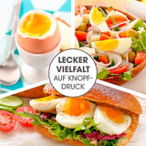 GOURMETmaxx Eierkocher für 6 Eier Edelstahl zeigt weichgekochte Eier, Eiersalat und Ei-Sandwich für vielseitigen Genuss.
